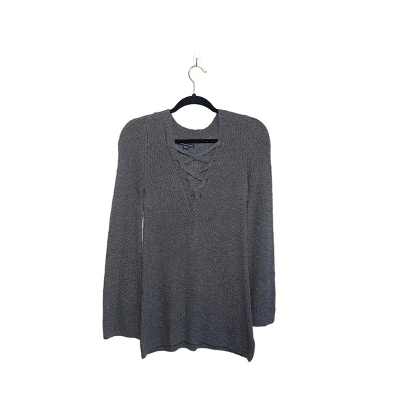 American Eagle Gray Lace-up Front Bell Sleeve Tunic Sweater Xsmall Women’s - Picture 1 of 10